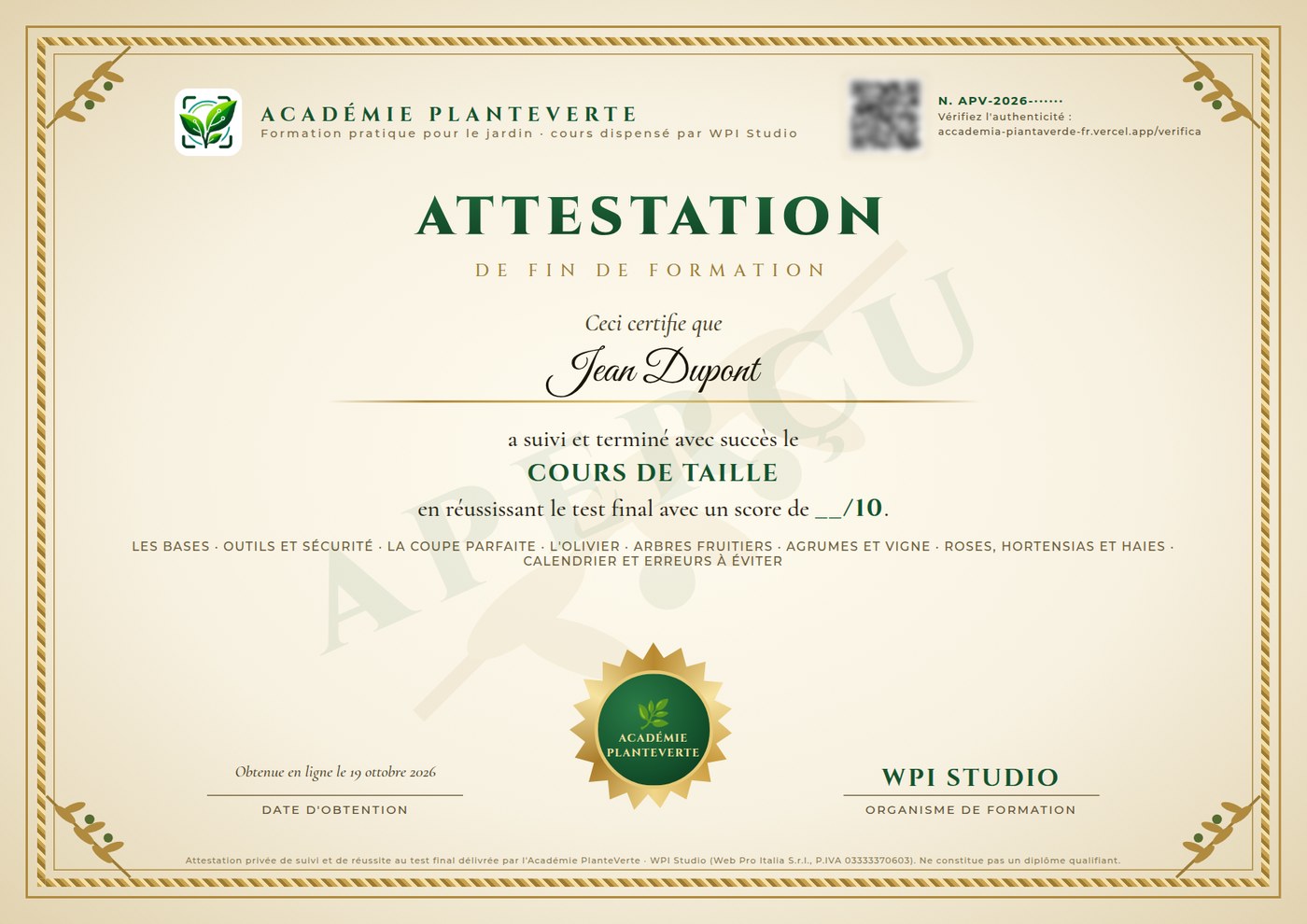 L'attestation du cours avec le nom de l'étudiant